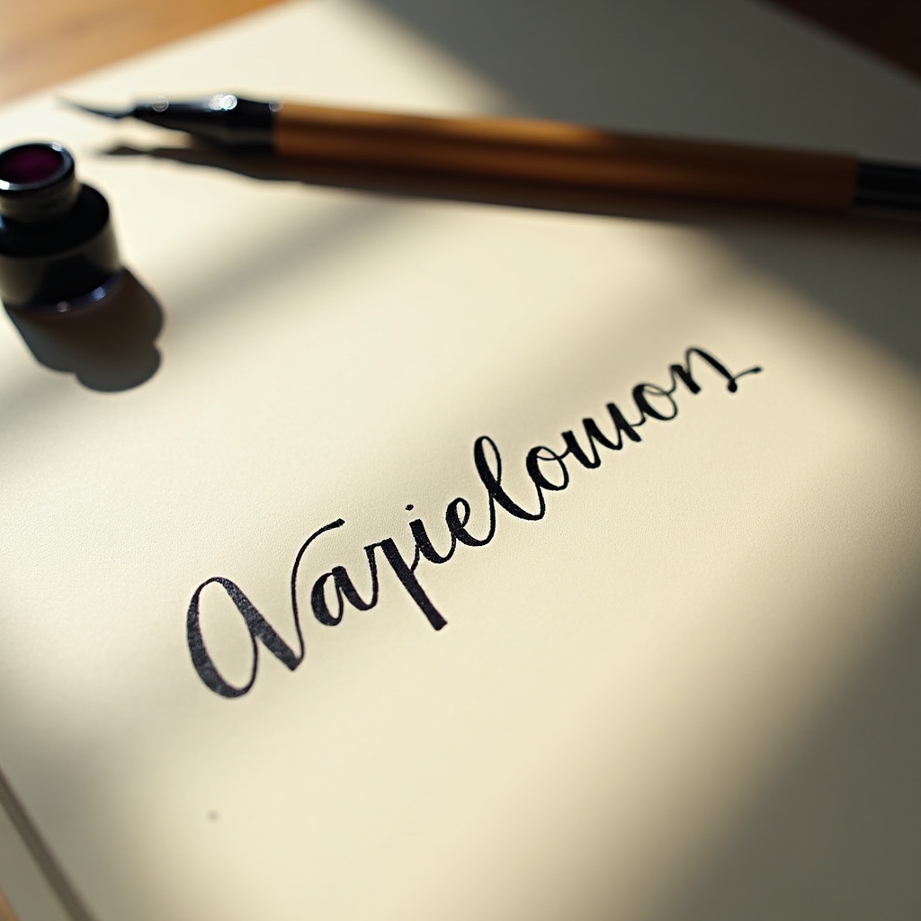 Finished calligraphy artwork on cream paper showing a completed practice piece with looped letterforms