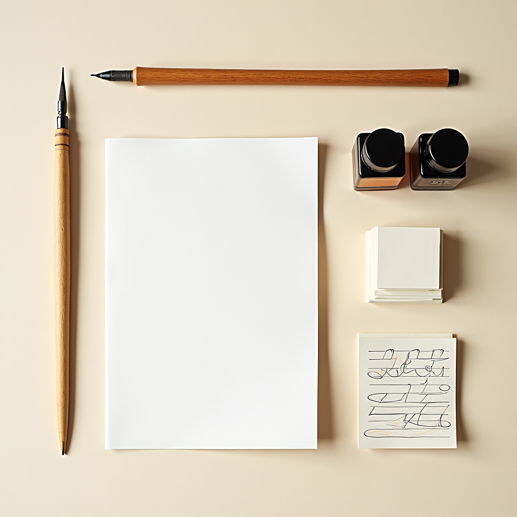 Flat lay of a full calligraphy materials kit including pens, nibs, ink bottles and folded paper